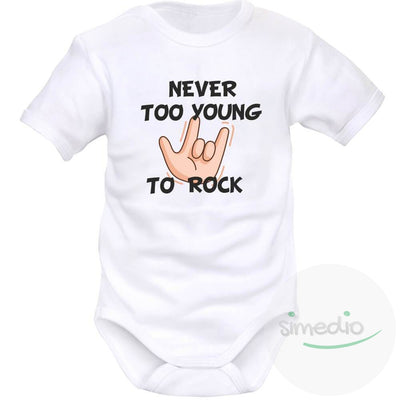 Body bébé imprimé : NEVER TOO YOUNG TO ROCK, Blanc, Courtes, 0-1 mois - SiMEDIO