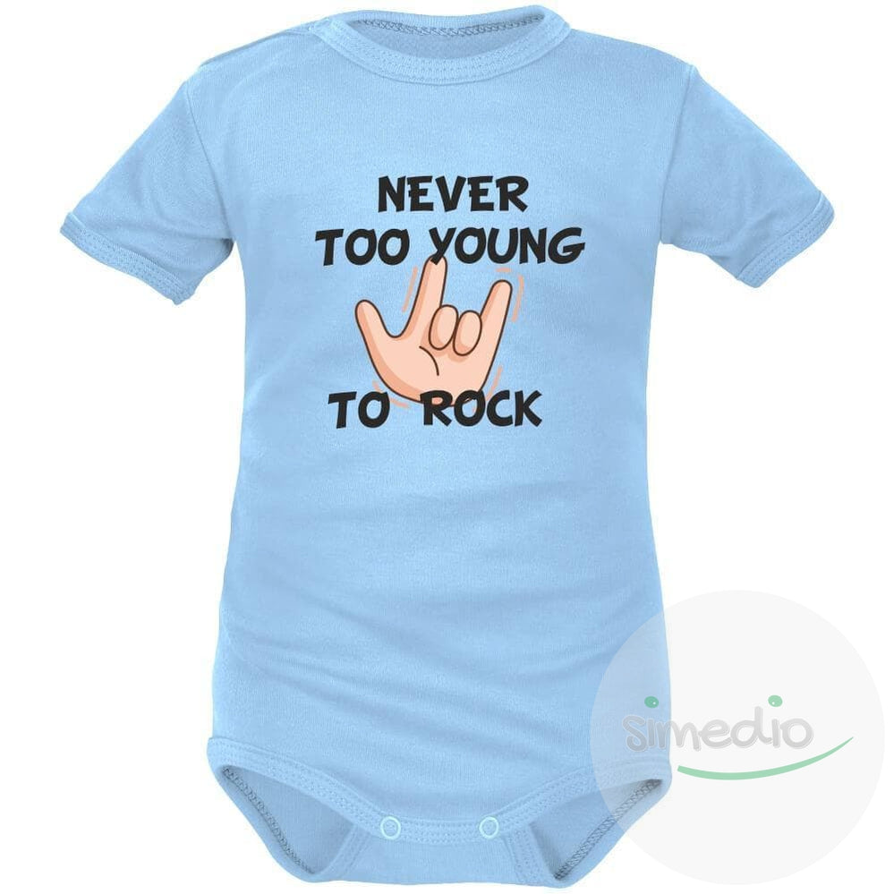 Body bébé imprimé : NEVER TOO YOUNG TO ROCK, Bleu, Courtes, 0-1 mois - SiMEDIO