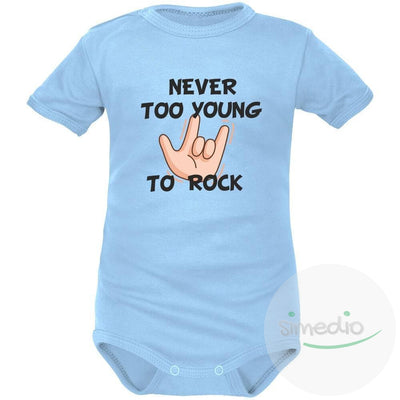 Body bébé imprimé : NEVER TOO YOUNG TO ROCK, Bleu, Courtes, 0-1 mois - SiMEDIO