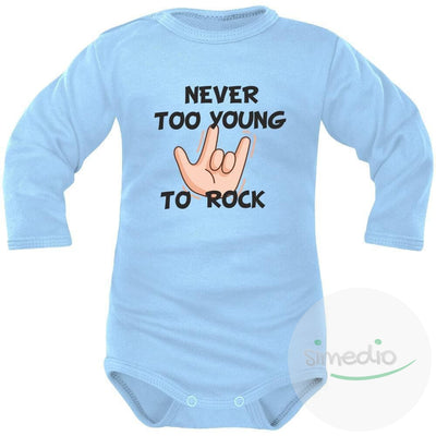 Body bébé imprimé : NEVER TOO YOUNG TO ROCK, Bleu, Longues, 0-1 mois - SiMEDIO