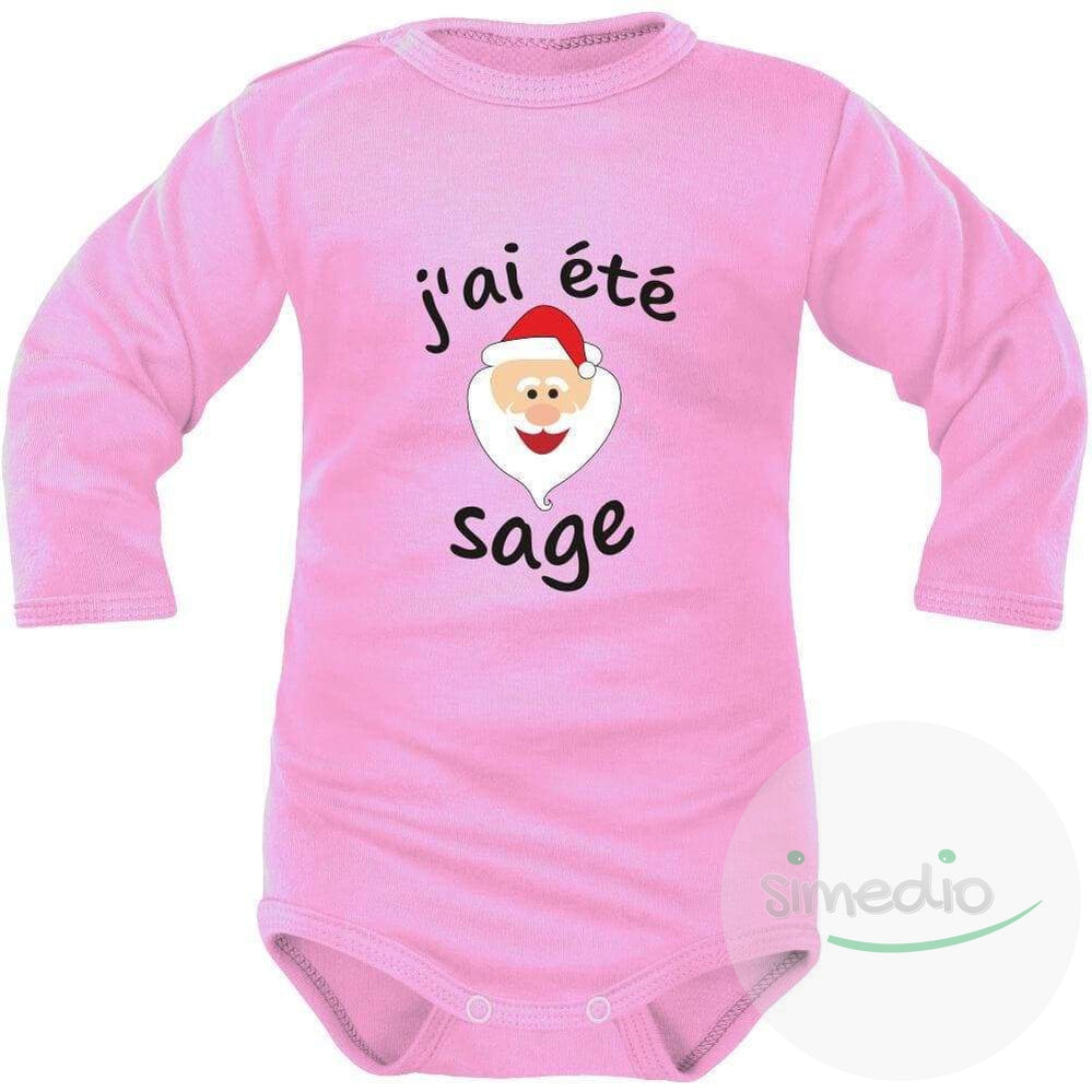 Body bébé Noël : J'AI ÉTÉ SAGE (m. courtes ou longues), Rose, Longues, 0-1 mois - SiMEDIO