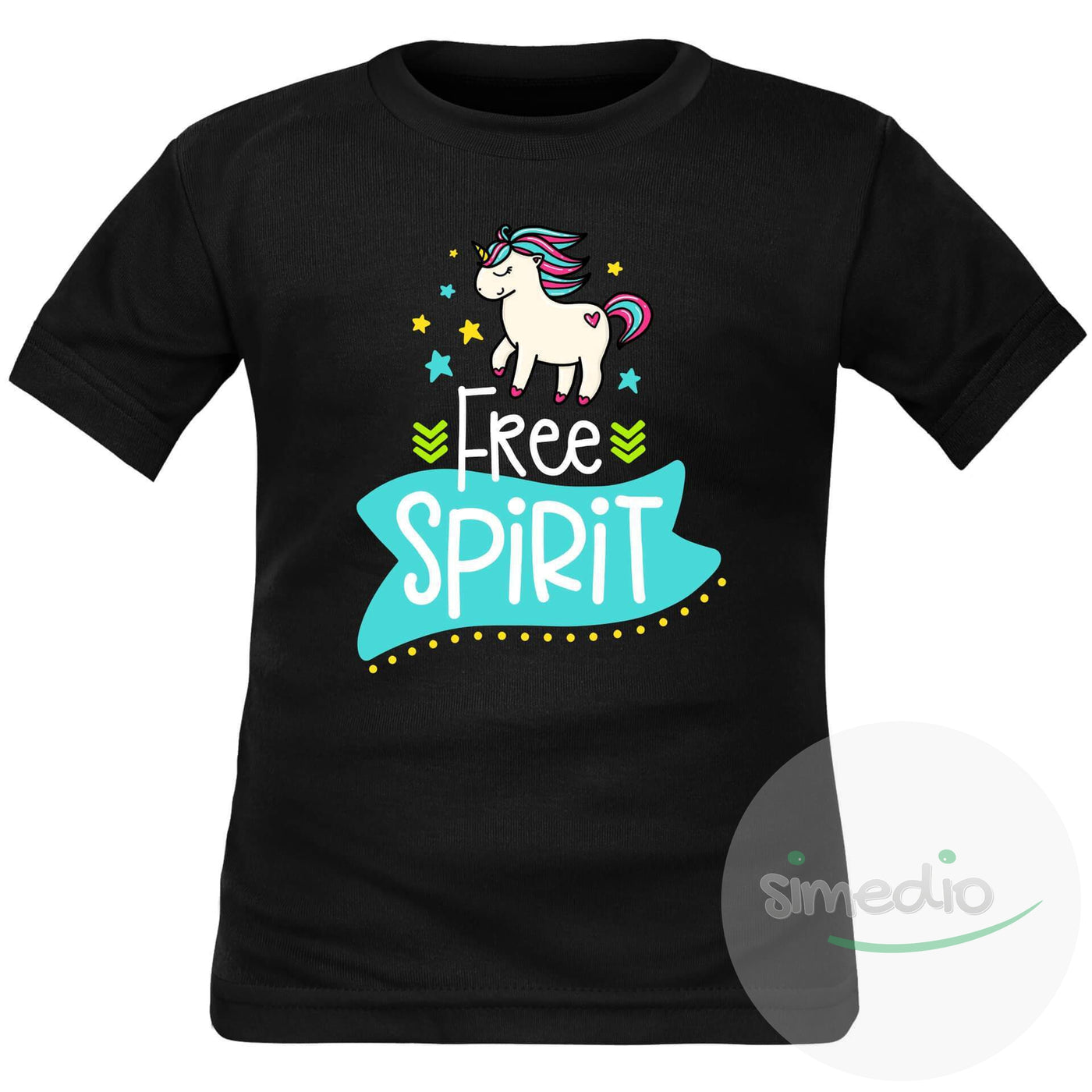 Tee shirt enfant original : FREE spirit (licorne), Noir, 2 ans, Courtes - SiMEDIO