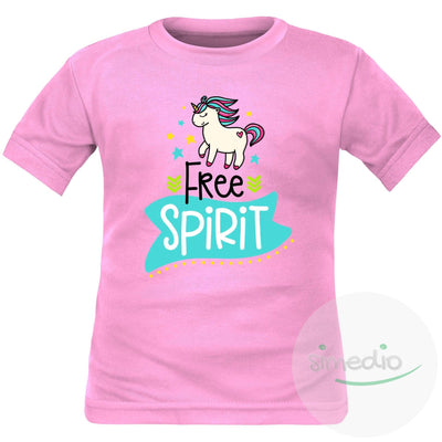 Tee shirt enfant original : FREE spirit (licorne), Rose, 2 ans, Courtes - SiMEDIO