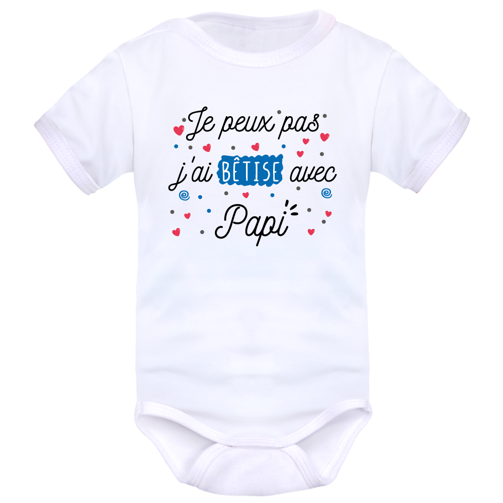 Body Pour Bébé "Chez Papy Et Mamie Tout Est Permis" - Blanc, Coton, Manches Courtes - Fait Main En France