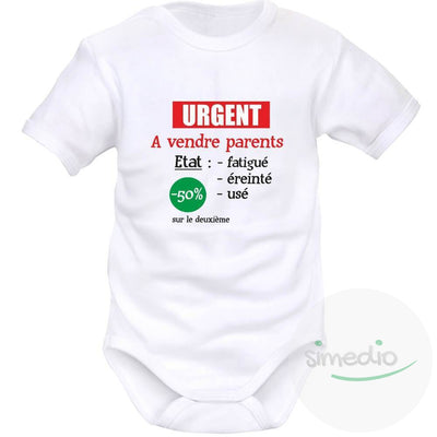 Body bébé humoristique : urgent ! A VENDRE parents, Blanc, Courtes, 0-1 mois - SiMEDIO