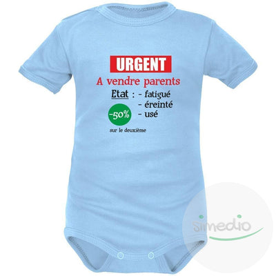 Body bébé humoristique : urgent ! A VENDRE parents, Bleu, Courtes, 0-1 mois - SiMEDIO
