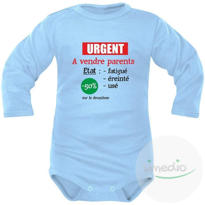 Body bébé humoristique : urgent ! A VENDRE parents, Bleu, Longues, 0-1 mois - SiMEDIO