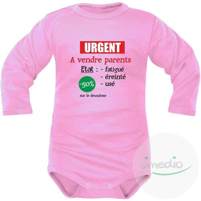 Body bébé humoristique : urgent ! A VENDRE parents, Rose, Longues, 0-1 mois - SiMEDIO