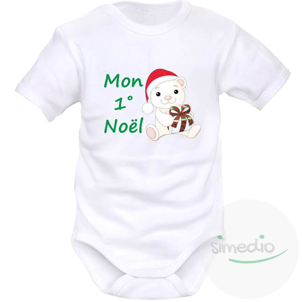 Body bébé imprimé : MON 1° NOËL (plusieurs couleurs), Blanc, Courtes, 0-1 mois - SiMEDIO
