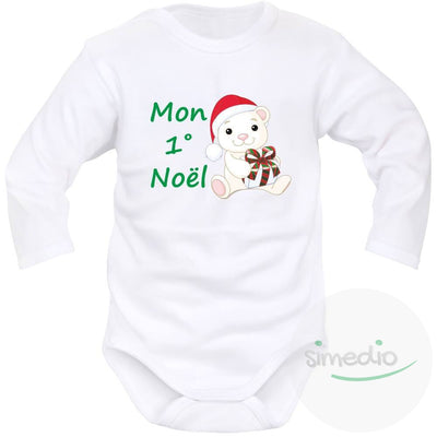 Body bébé imprimé : MON 1° NOËL (plusieurs couleurs), Blanc, Longues, 0-1 mois - SiMEDIO