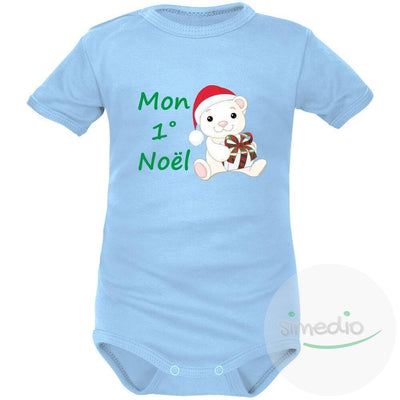Body bébé imprimé : MON 1° NOËL (plusieurs couleurs), Bleu, Courtes, 0-1 mois - SiMEDIO