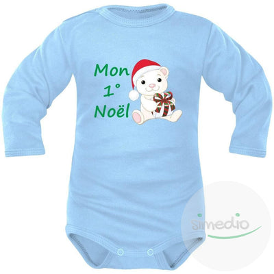 Body bébé imprimé : MON 1° NOËL (plusieurs couleurs), Bleu, Longues, 0-1 mois - SiMEDIO