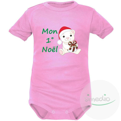 Body bébé imprimé : MON 1° NOËL (plusieurs couleurs), Rose, Courtes, 0-1 mois - SiMEDIO