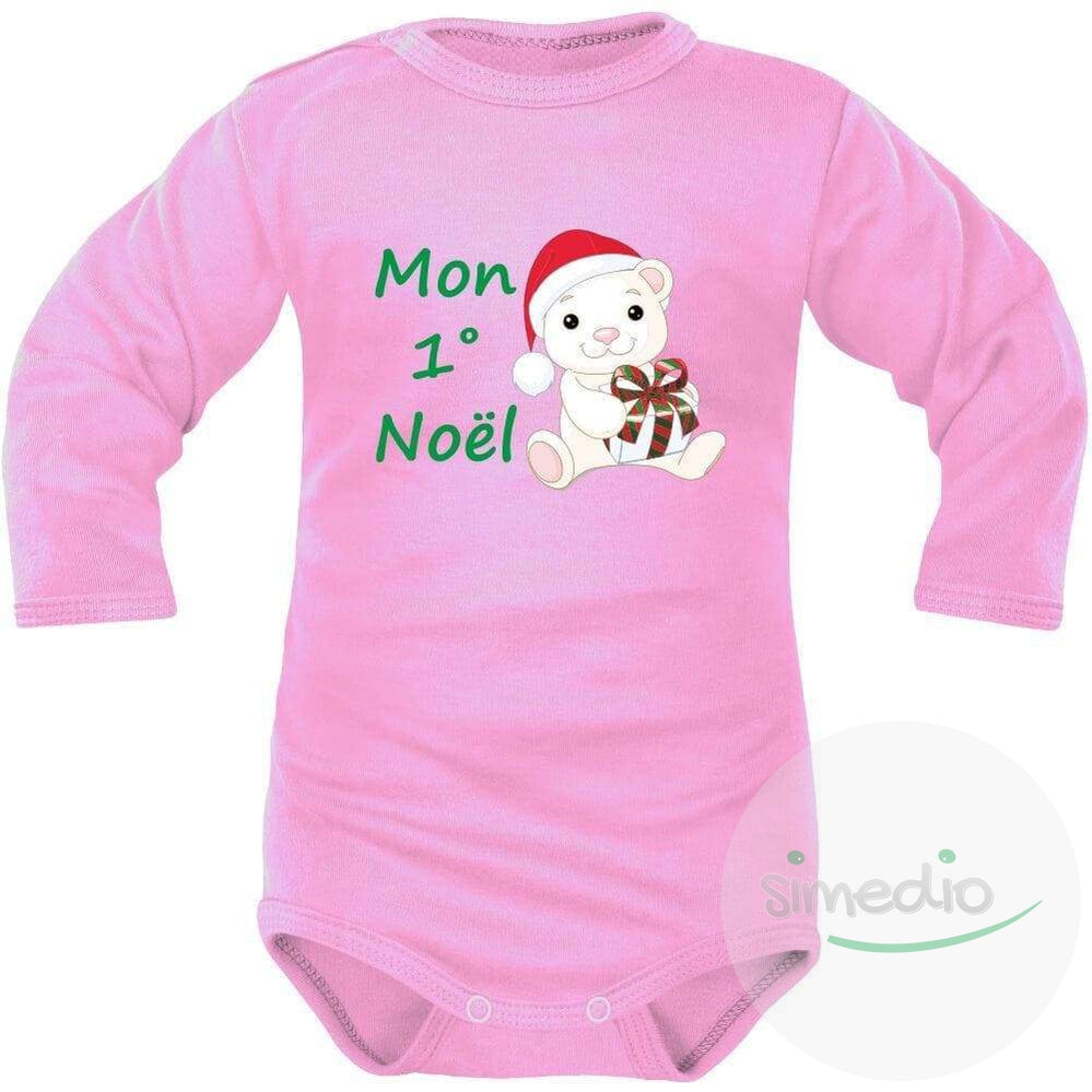 Body bébé imprimé : MON 1° NOËL (plusieurs couleurs), Rose, Longues, 0-1 mois - SiMEDIO