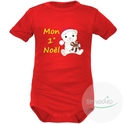 Body bébé imprimé : MON 1° NOËL (plusieurs couleurs), Rouge, Courtes, 0-1 mois - SiMEDIO