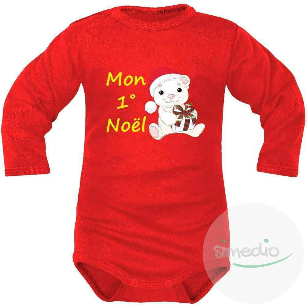 Body bébé imprimé : MON 1° NOËL (plusieurs couleurs), Rouge, Longues, 0-1 mois - SiMEDIO
