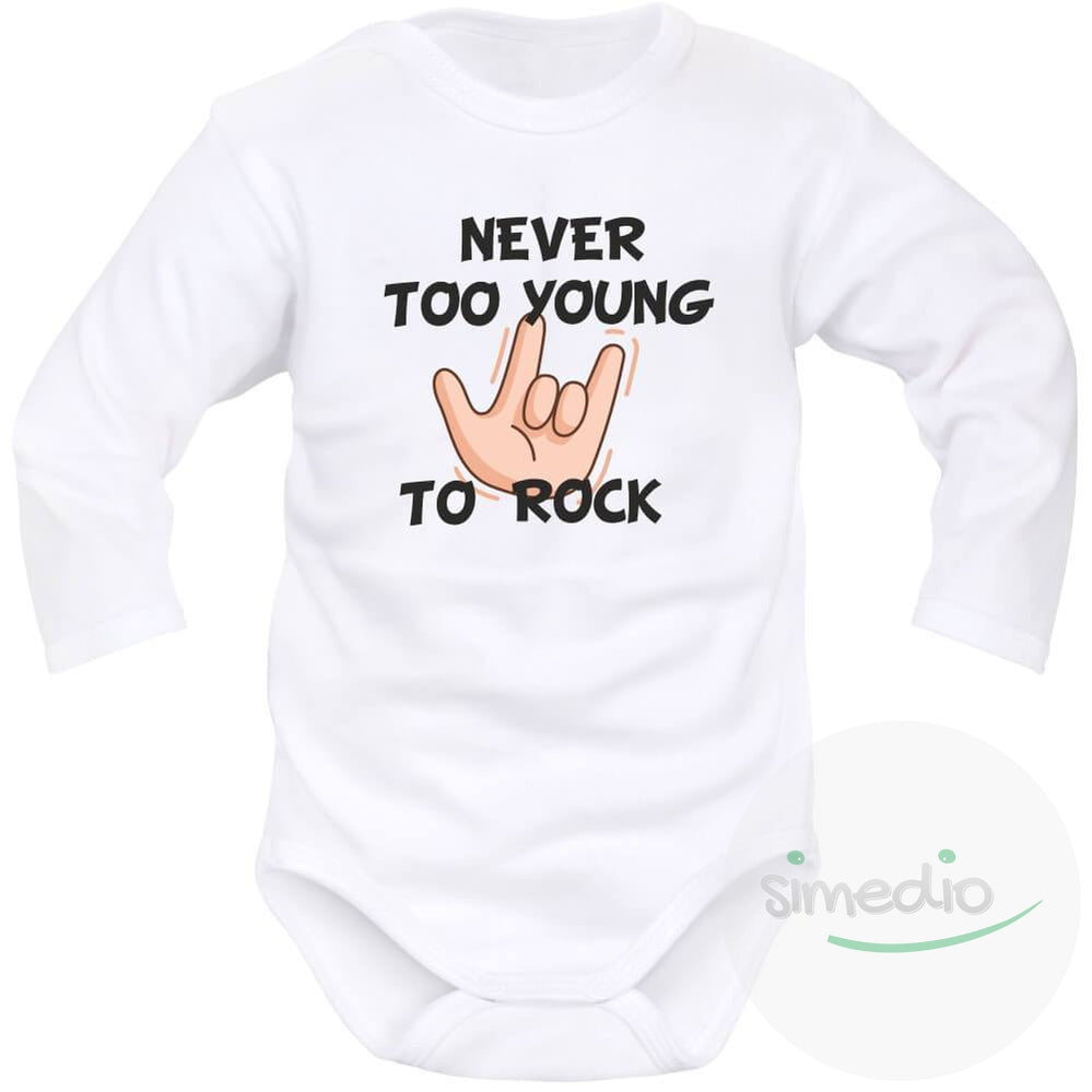 Body bébé imprimé : NEVER TOO YOUNG TO ROCK, Blanc, Longues, 0-1 mois - SiMEDIO