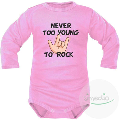 Body bébé imprimé : NEVER TOO YOUNG TO ROCK, Rose, Longues, 0-1 mois - SiMEDIO