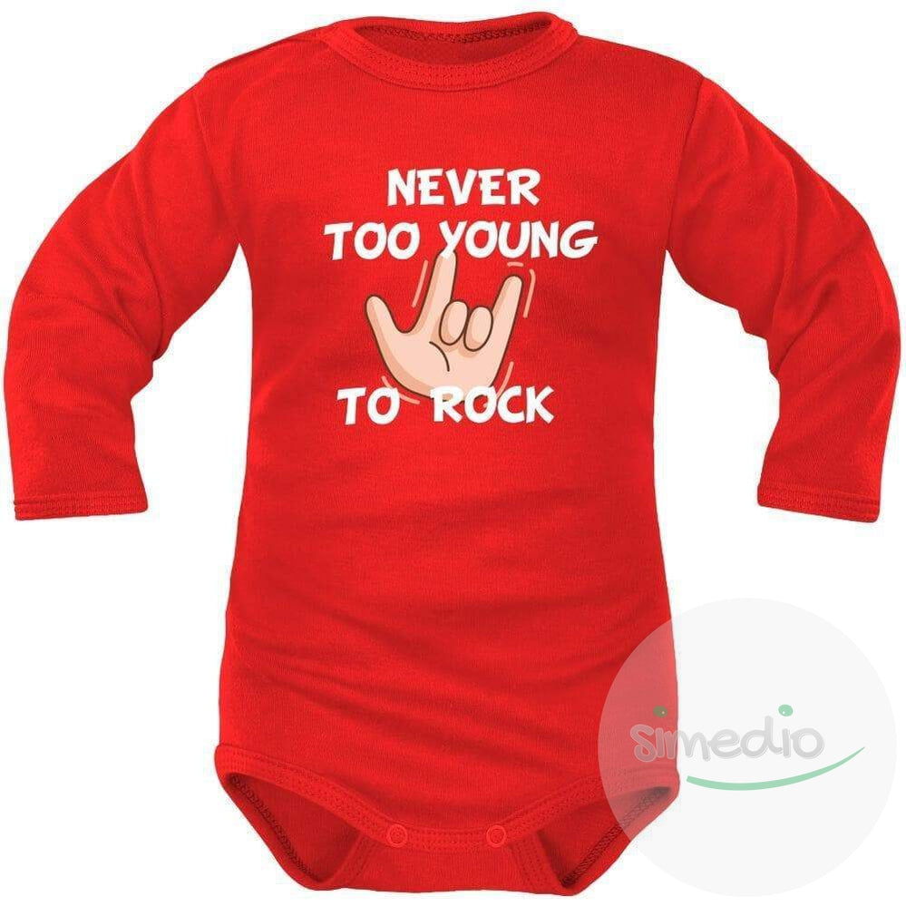 Body bébé imprimé : NEVER TOO YOUNG TO ROCK, Rouge, Longues, 0-1 mois - SiMEDIO