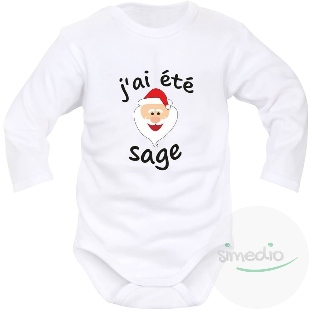 Body bébé Noël : J'AI ÉTÉ SAGE (m. courtes ou longues), Blanc, Longues, 0-1 mois - SiMEDIO