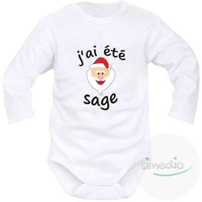 Body bébé Noël : J'AI ÉTÉ SAGE (m. courtes ou longues), Blanc, Longues, 0-1 mois - SiMEDIO
