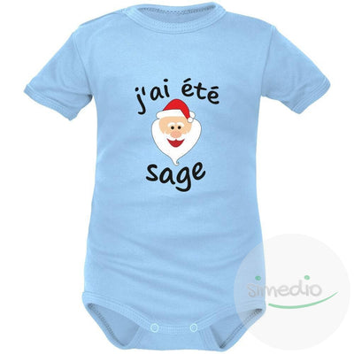 Body bébé Noël : J'AI ÉTÉ SAGE (m. courtes ou longues), Bleu, Courtes, 0-1 mois - SiMEDIO