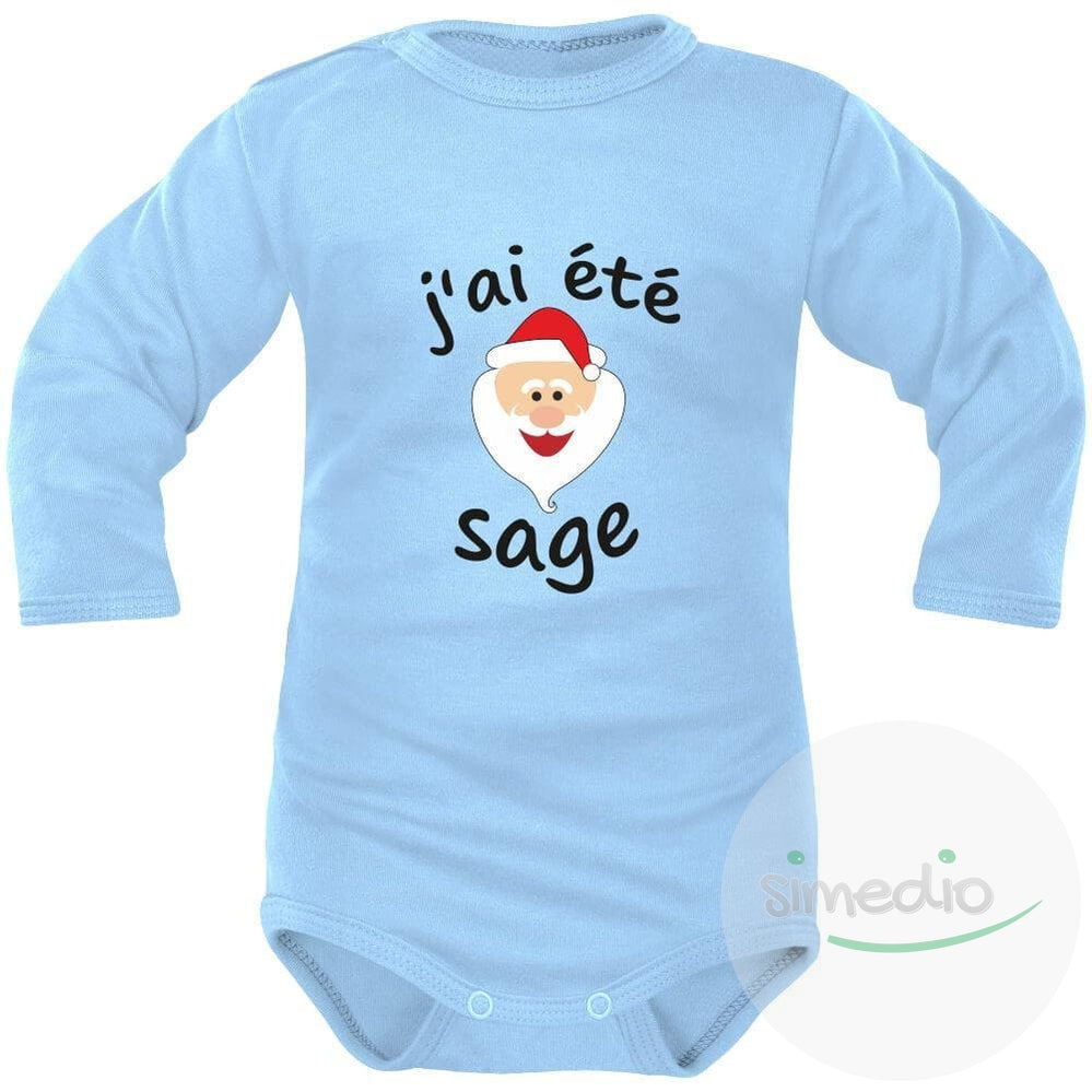 Body bébé Noël : J'AI ÉTÉ SAGE (m. courtes ou longues), Bleu, Longues, 0-1 mois - SiMEDIO