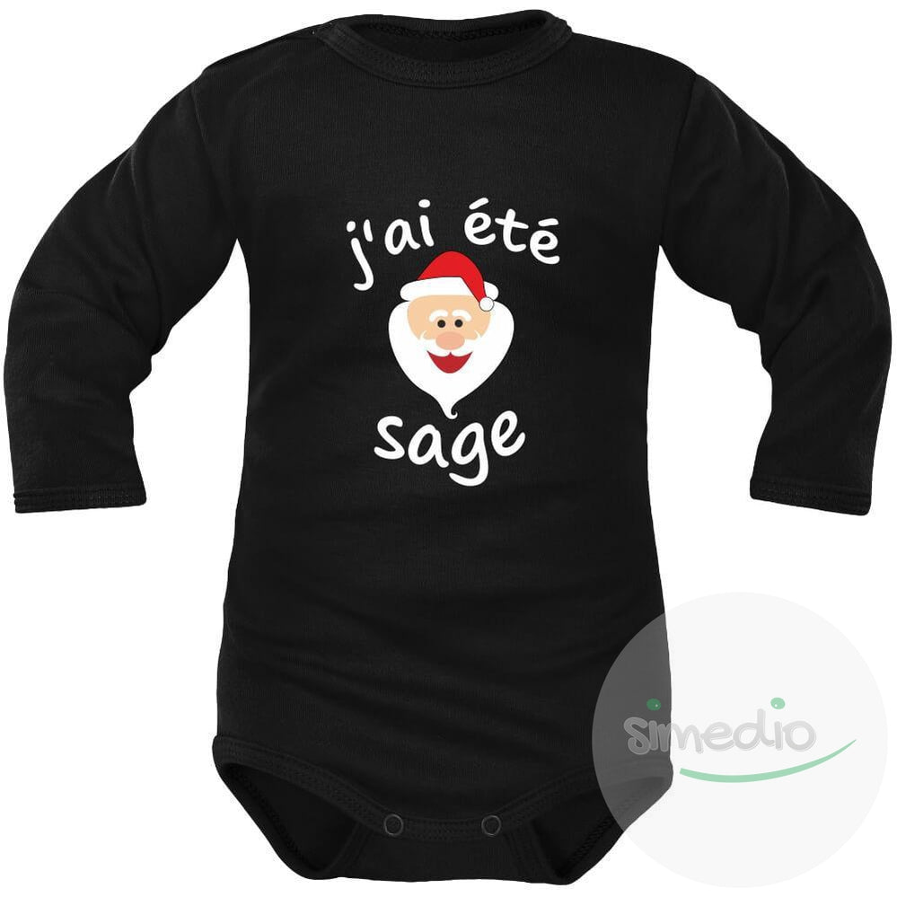 Body bébé Noël : J'AI ÉTÉ SAGE (m. courtes ou longues), Noir, Longues, 0-1 mois - SiMEDIO