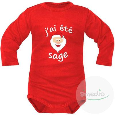 Body bébé Noël : J'AI ÉTÉ SAGE (m. courtes ou longues), Rouge, Longues, 0-1 mois - SiMEDIO