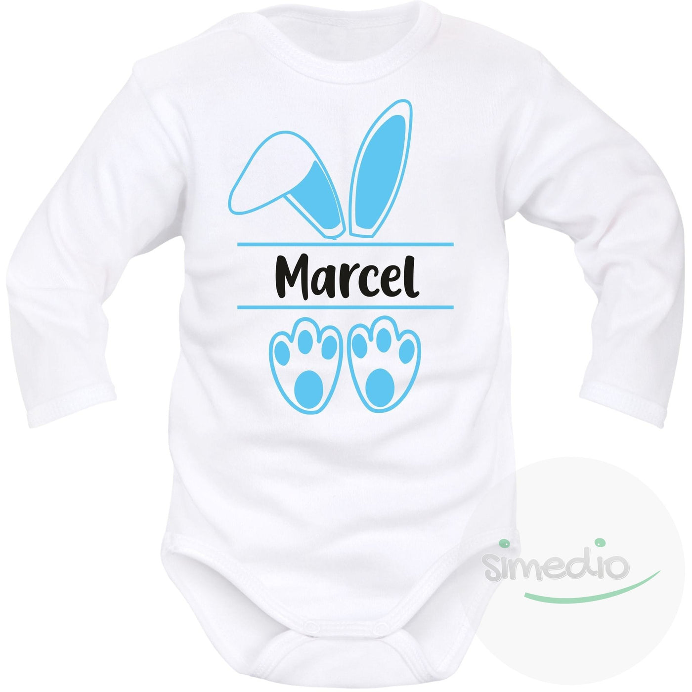 Body bébé personnalisé : lapin de Pâques, Blanc, Longues, Bleu - SiMEDIO