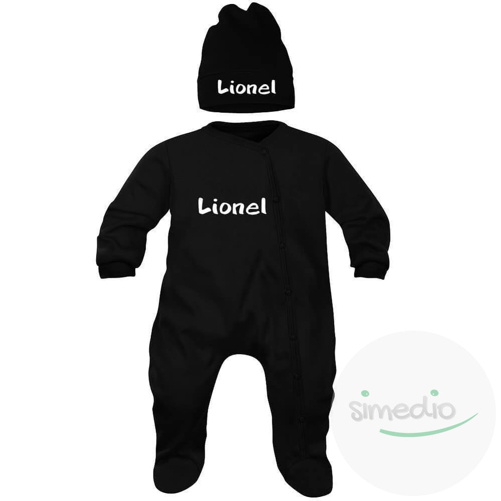 Ensemble bébé noir avec prénom : pyjama et bonnet, , , - SiMEDIO