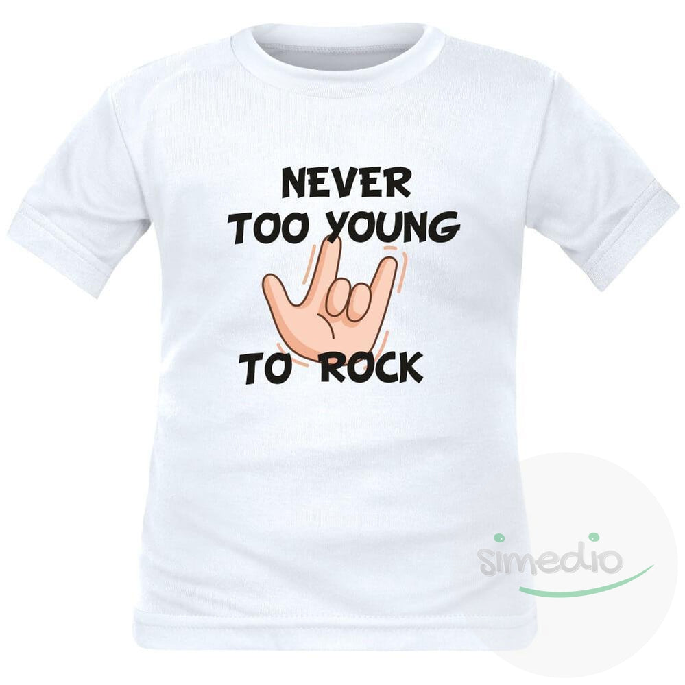 T-shirt enfant rock : NEVER TOO YOUNG TO ROCK, Blanc, 2 ans, Courtes - SiMEDIO