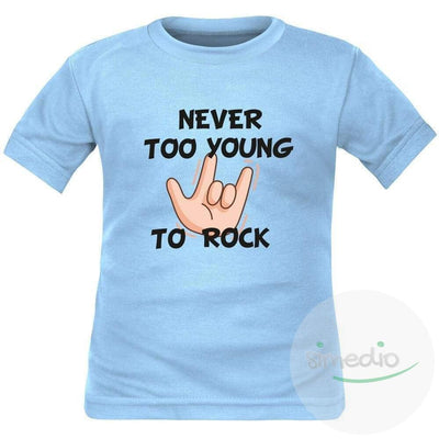 T-shirt enfant rock : NEVER TOO YOUNG TO ROCK, Bleu, 2 ans, Courtes - SiMEDIO