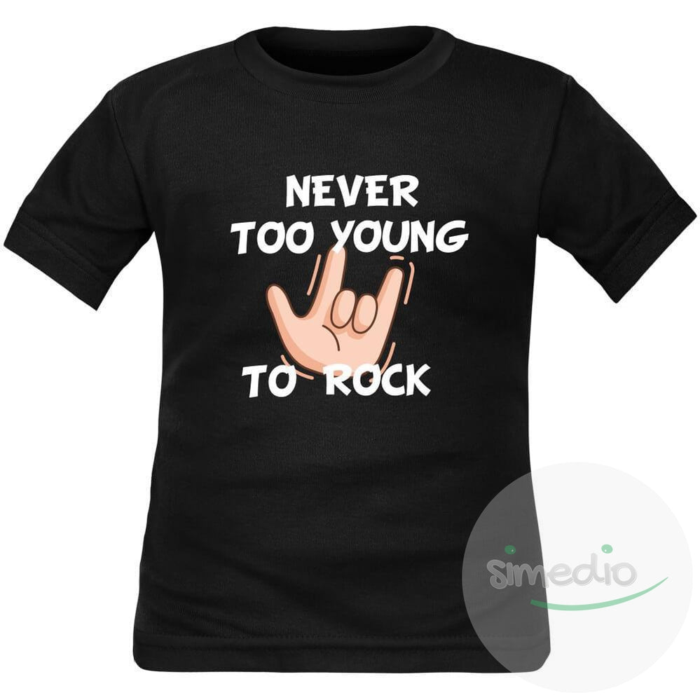 T-shirt enfant rock : NEVER TOO YOUNG TO ROCK, Noir, 2 ans, Courtes - SiMEDIO