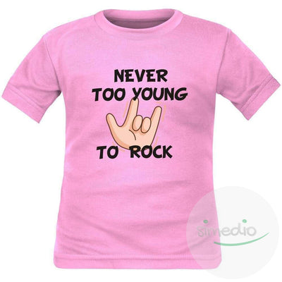 T-shirt enfant rock : NEVER TOO YOUNG TO ROCK, Rose, 2 ans, Courtes - SiMEDIO