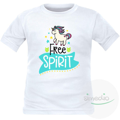 Tee shirt enfant original : FREE spirit (licorne), Blanc, 2 ans, Courtes - SiMEDIO