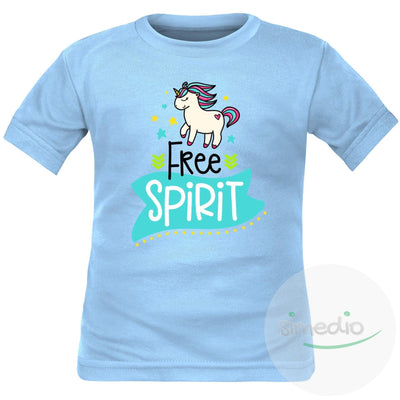 Tee shirt enfant original : FREE spirit (licorne), Bleu, 2 ans, Courtes - SiMEDIO